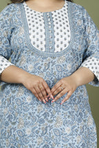 Plus Size Blue Cotton Block Print Straight Kurta-632