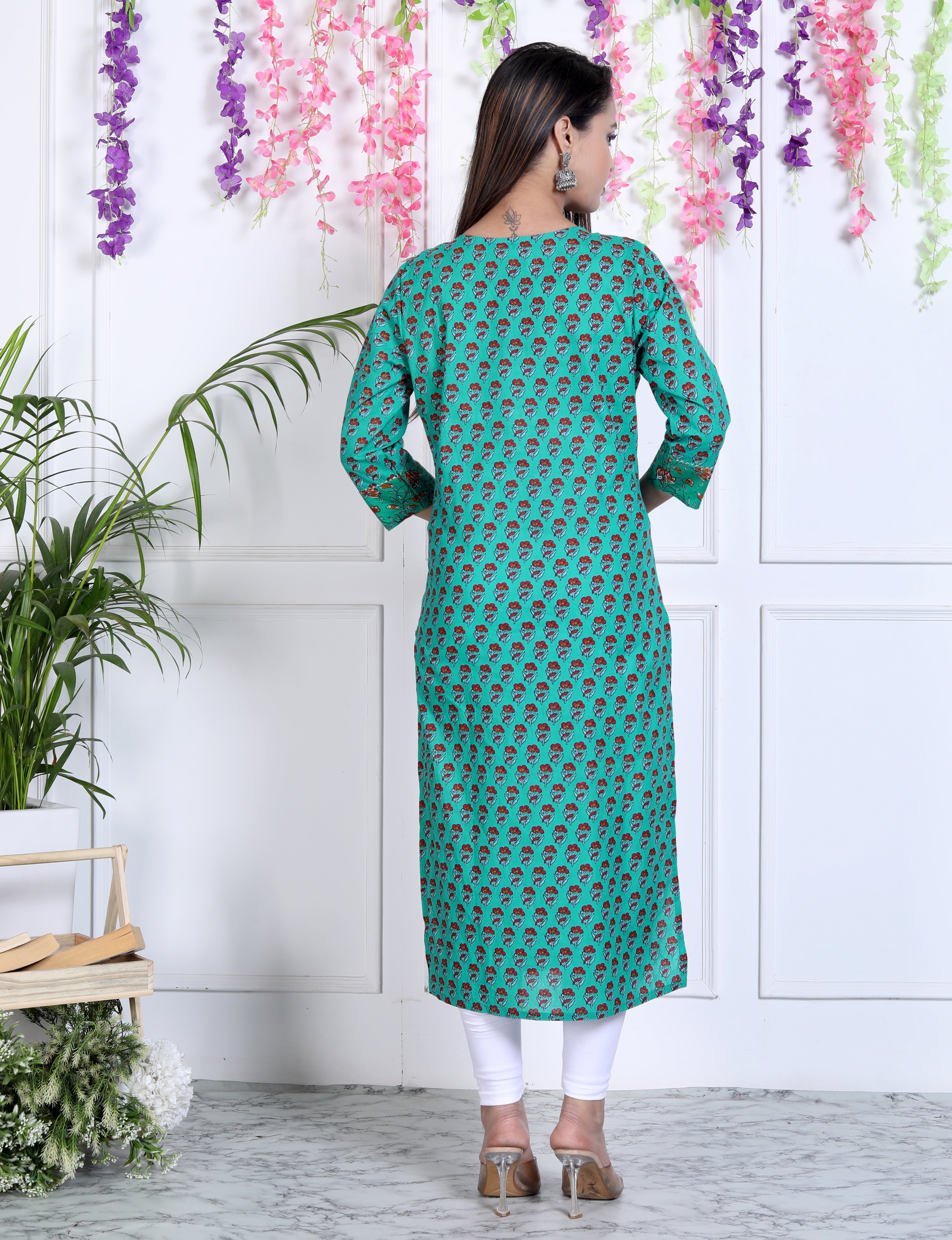 Turquoise Cotton Printed Straight Kurta-641