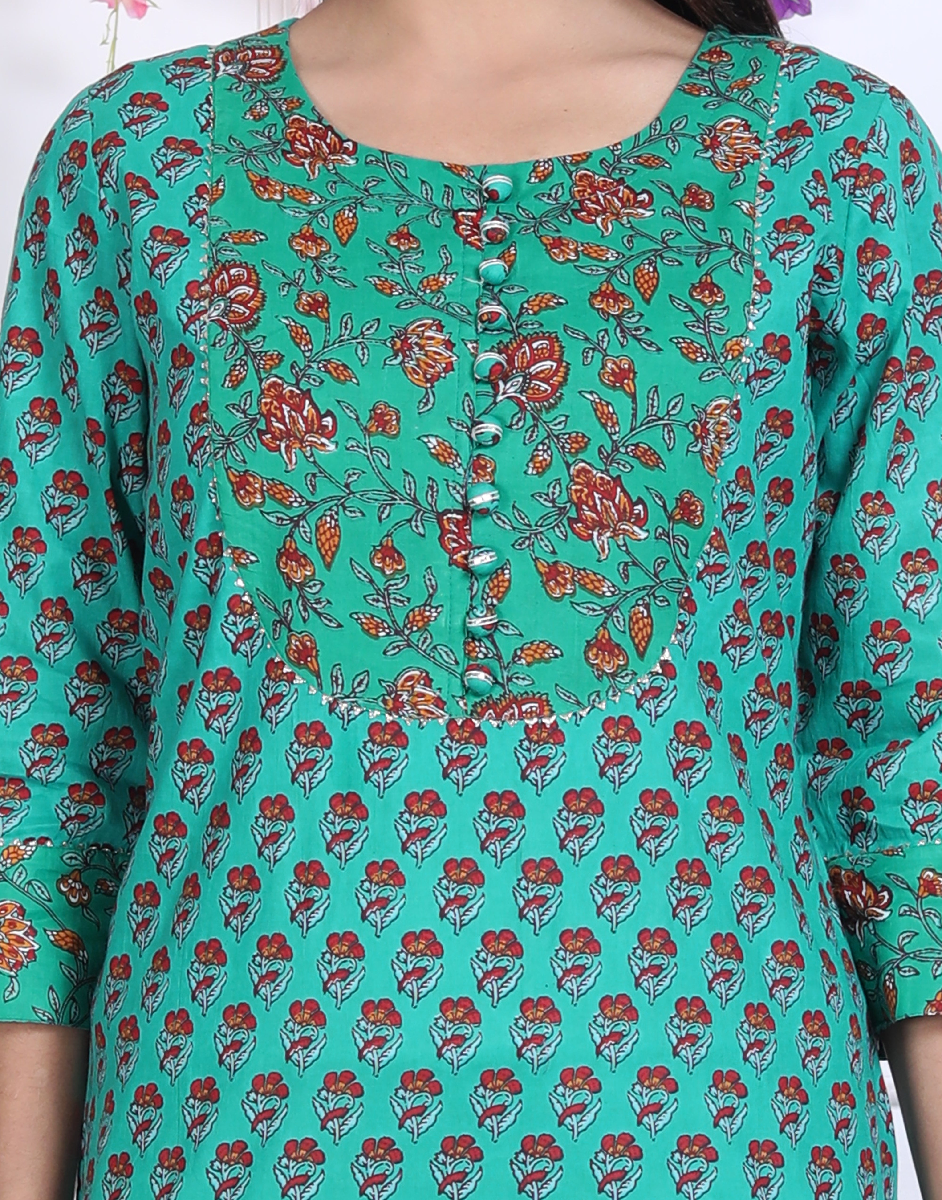 Turquoise Cotton Printed Straight Kurta-641
