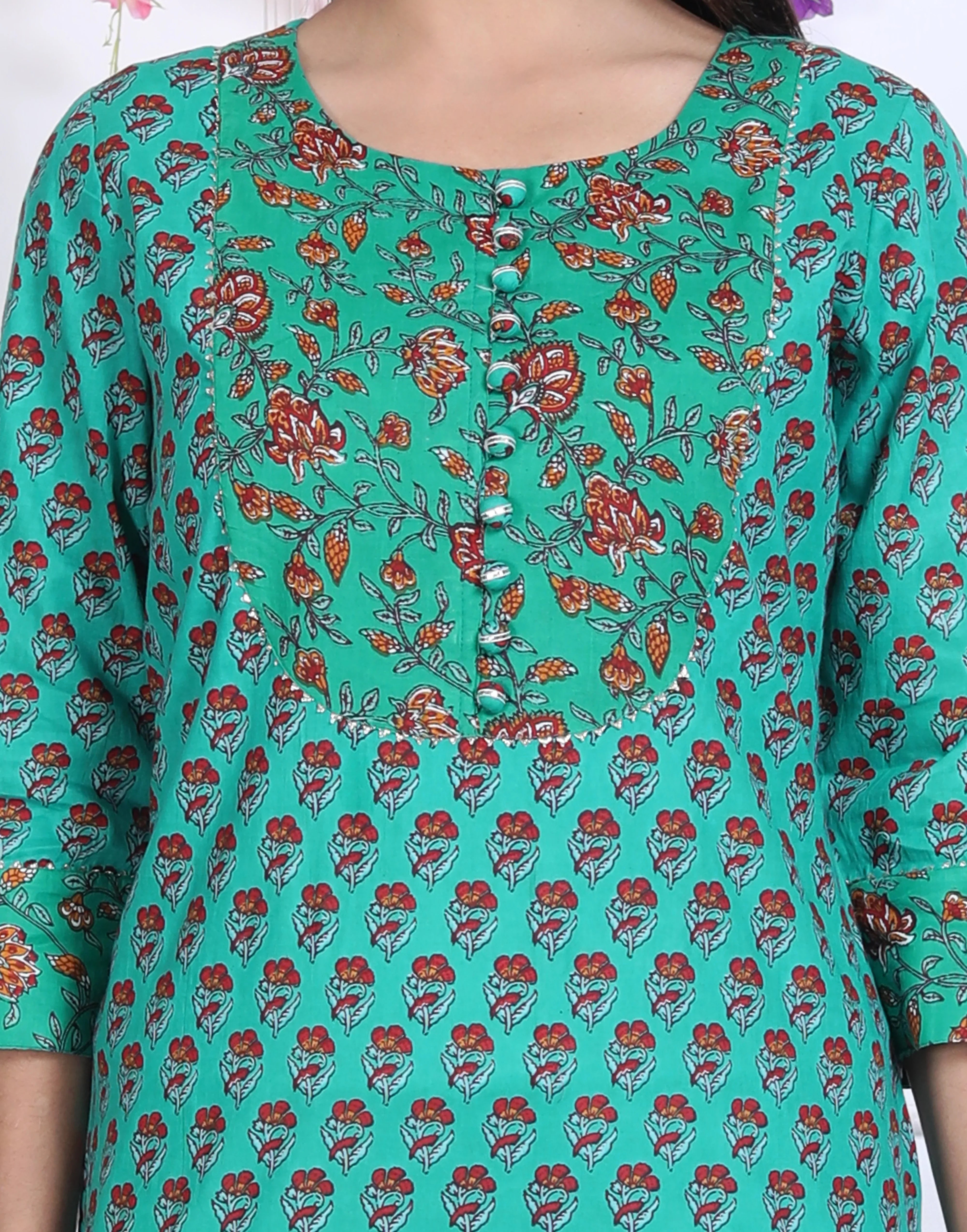 Plus Size Turquoise Cotton Printed Straight Kurta-641 Secondary image