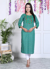 Turquoise Cotton Printed Straight Kurta-641