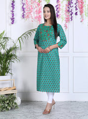 Turquoise Cotton Printed Straight Kurta-641