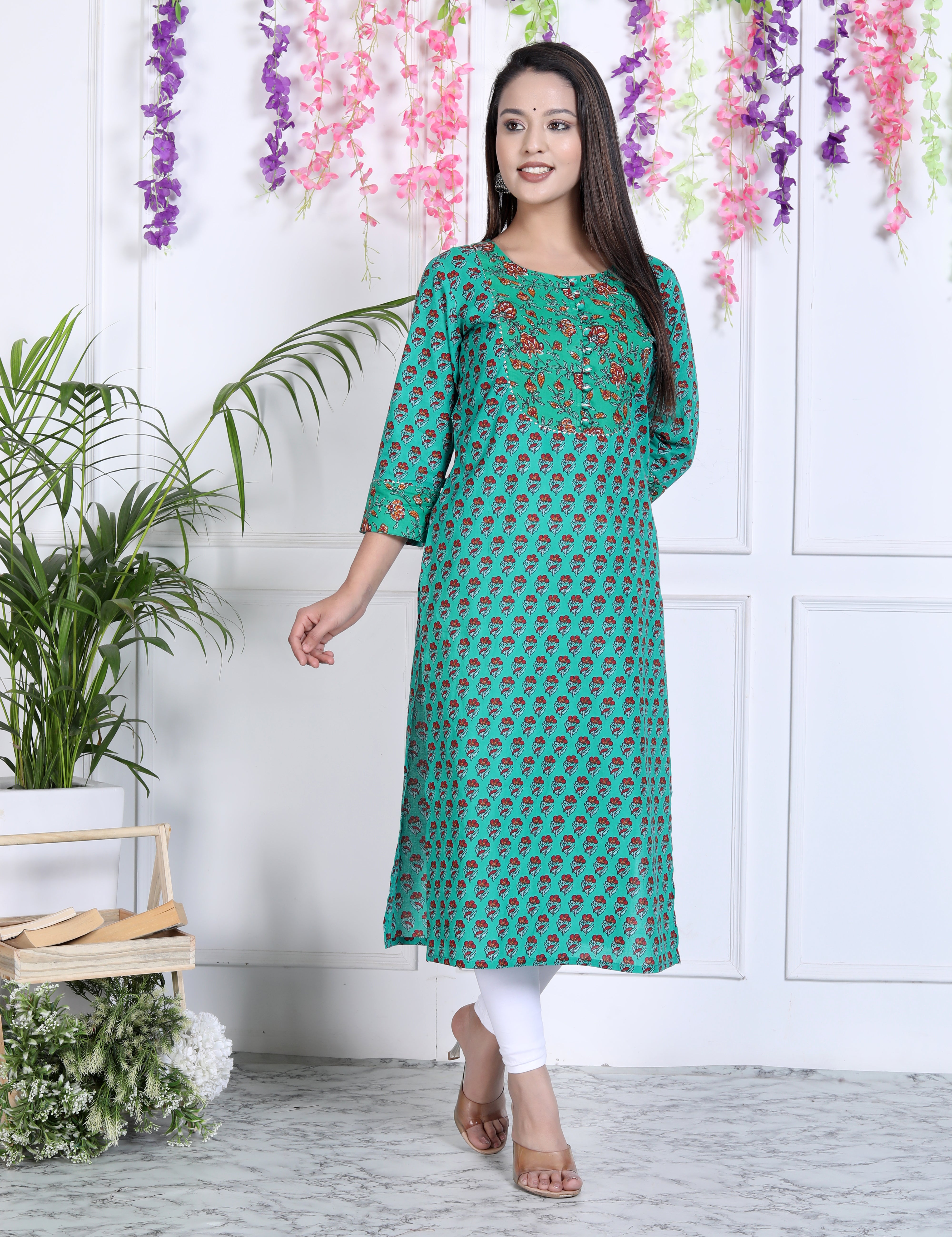 Turquoise Cotton Printed Straight Kurta-641