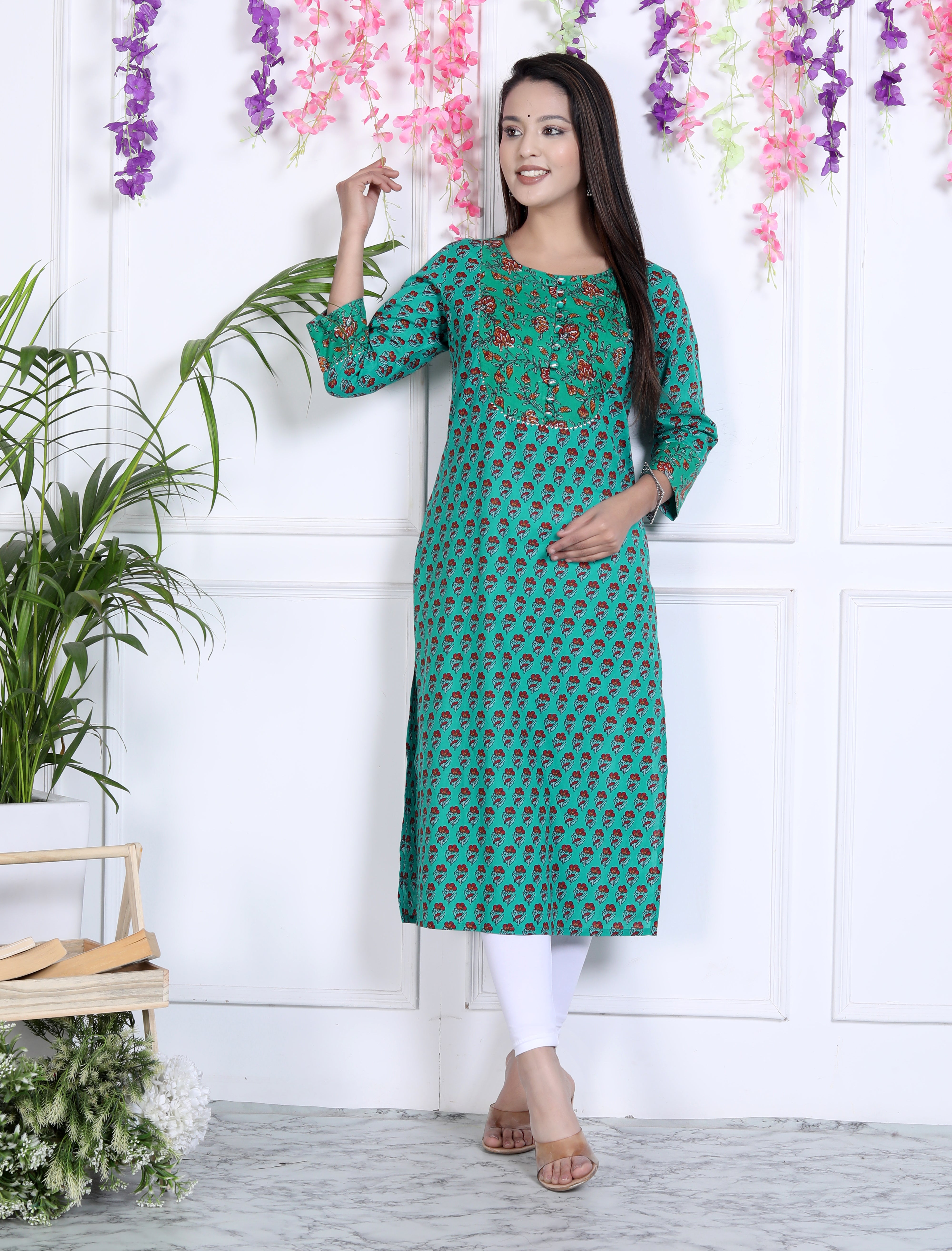 Turquoise Cotton Printed Straight Kurta-641