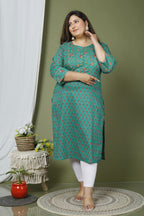 Plus Size Turquoise Cotton Printed Straight Kurta-641
