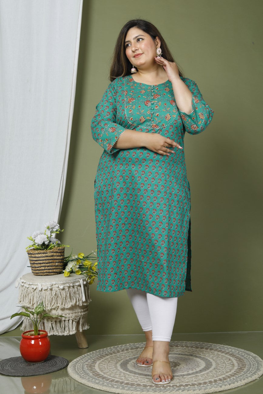 Plus Size Turquoise Cotton Printed Straight Kurta-641