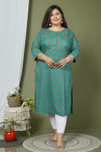 Plus Size Turquoise Cotton Printed Straight Kurta-641