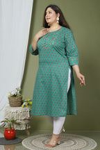 Plus Size Turquoise Cotton Printed Straight Kurta-641