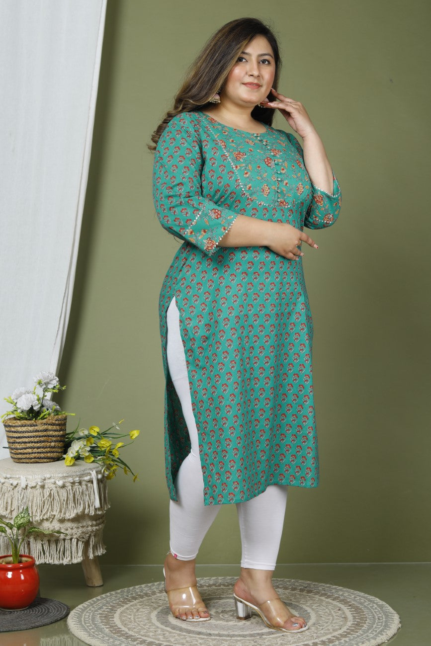 Plus Size Turquoise Cotton Printed Straight Kurta-641