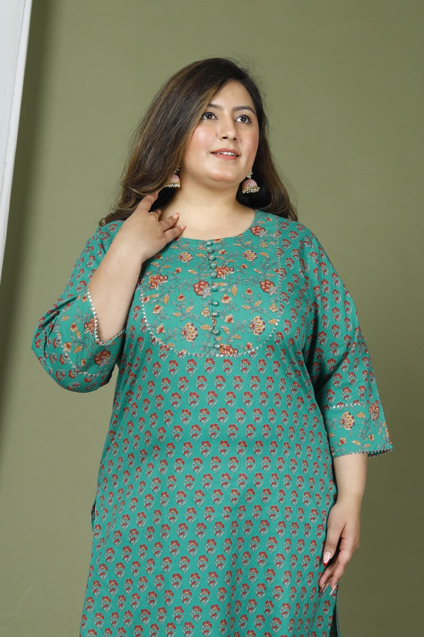 Plus Size Turquoise Cotton Printed Straight Kurta-641