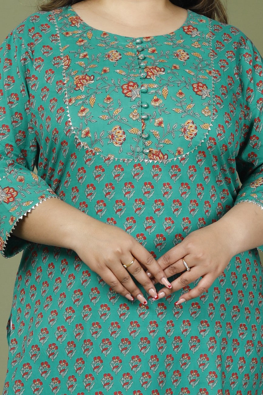 Plus Size Turquoise Cotton Printed Straight Kurta-641