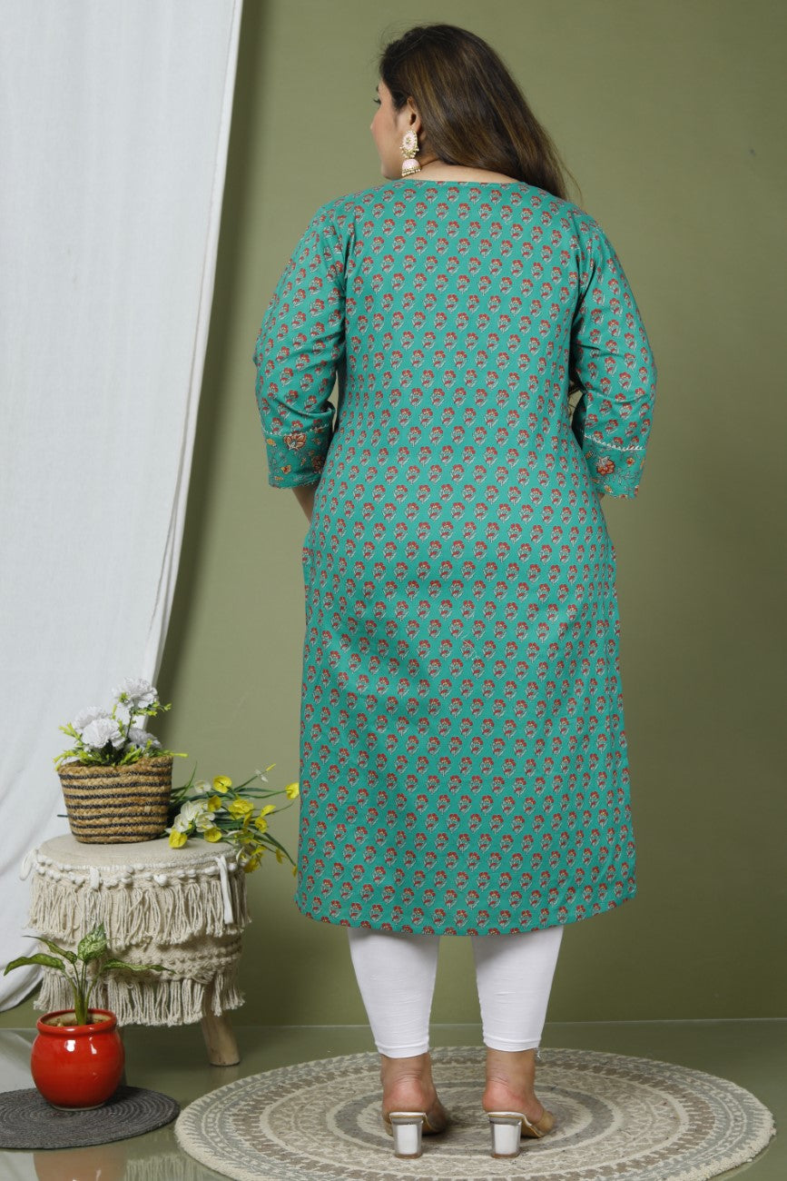 Plus Size Turquoise Cotton Printed Straight Kurta-641