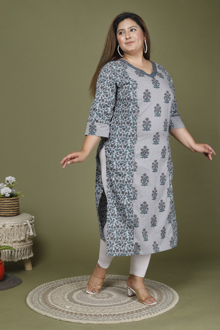 Grey Plus Size Cotton Floral Print Straight Kurta-648 Secondary image