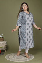 Grey Plus Size Cotton Floral Print Straight Kurta-648