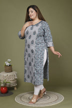 Grey Plus Size Cotton Floral Print Straight Kurta-648