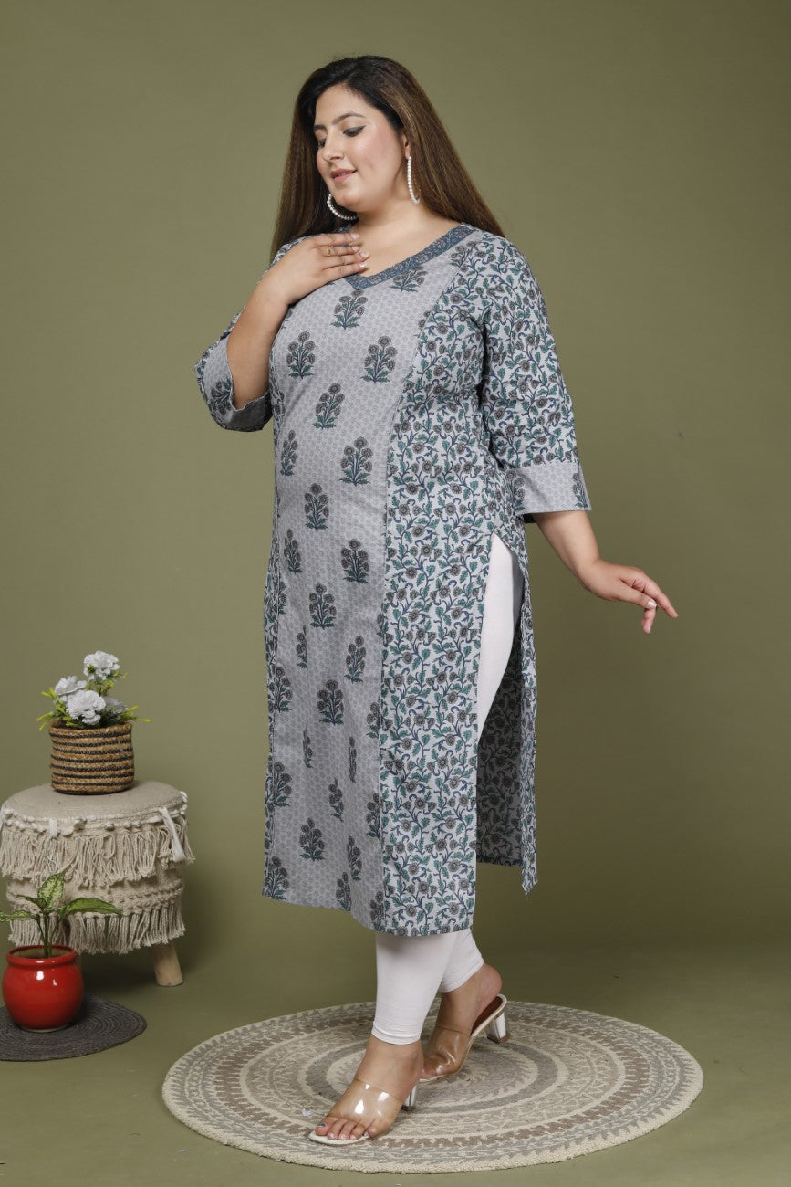 Grey Plus Size Cotton Floral Print Straight Kurta-648