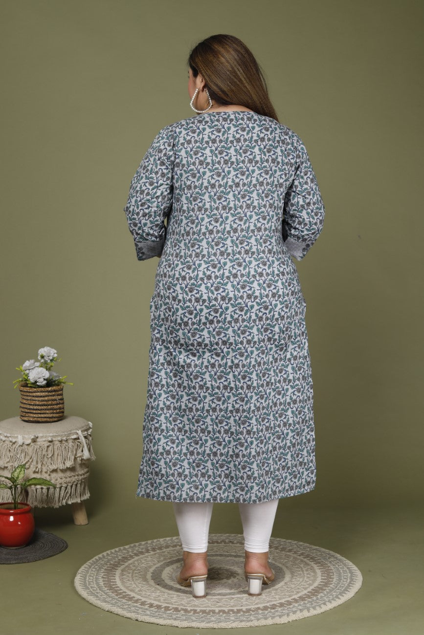 Grey Plus Size Cotton Floral Print Straight Kurta-648