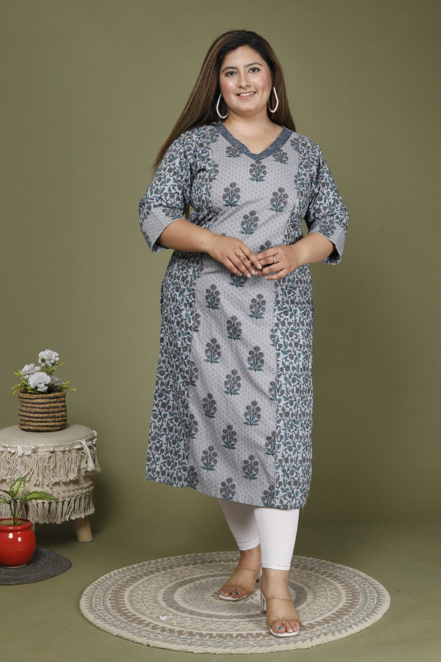 Grey Plus Size Cotton Floral Print Straight Kurta-648 Main image