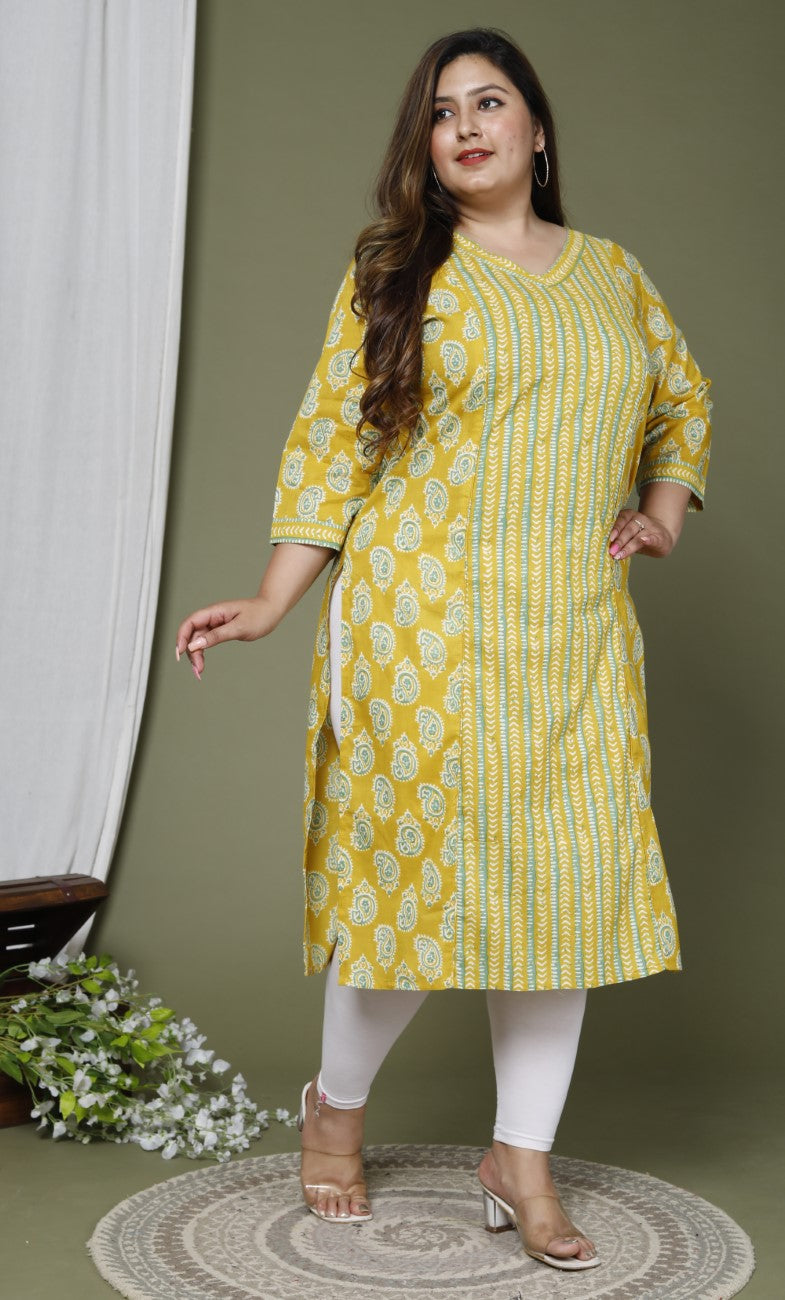 Plus Size Yellow Cotton Floral Print Kurta-659