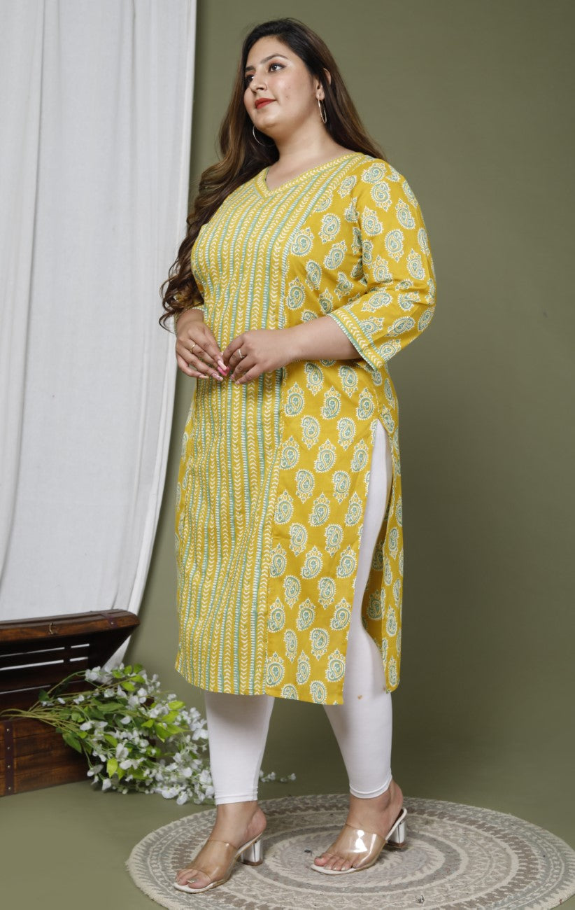 Plus Size Yellow Cotton Floral Print Kurta-659