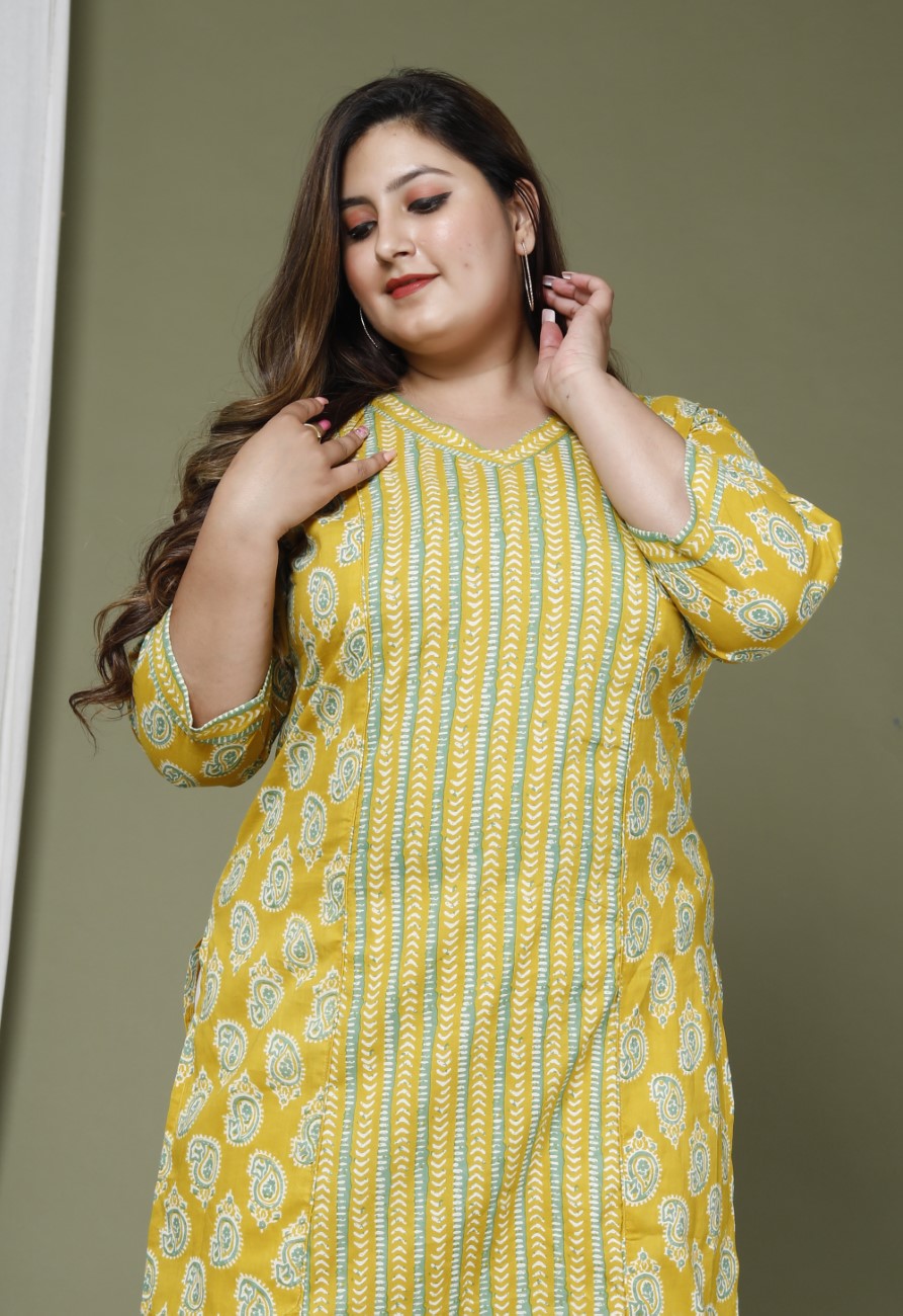 Plus Size Yellow Cotton Floral Print Kurta-659