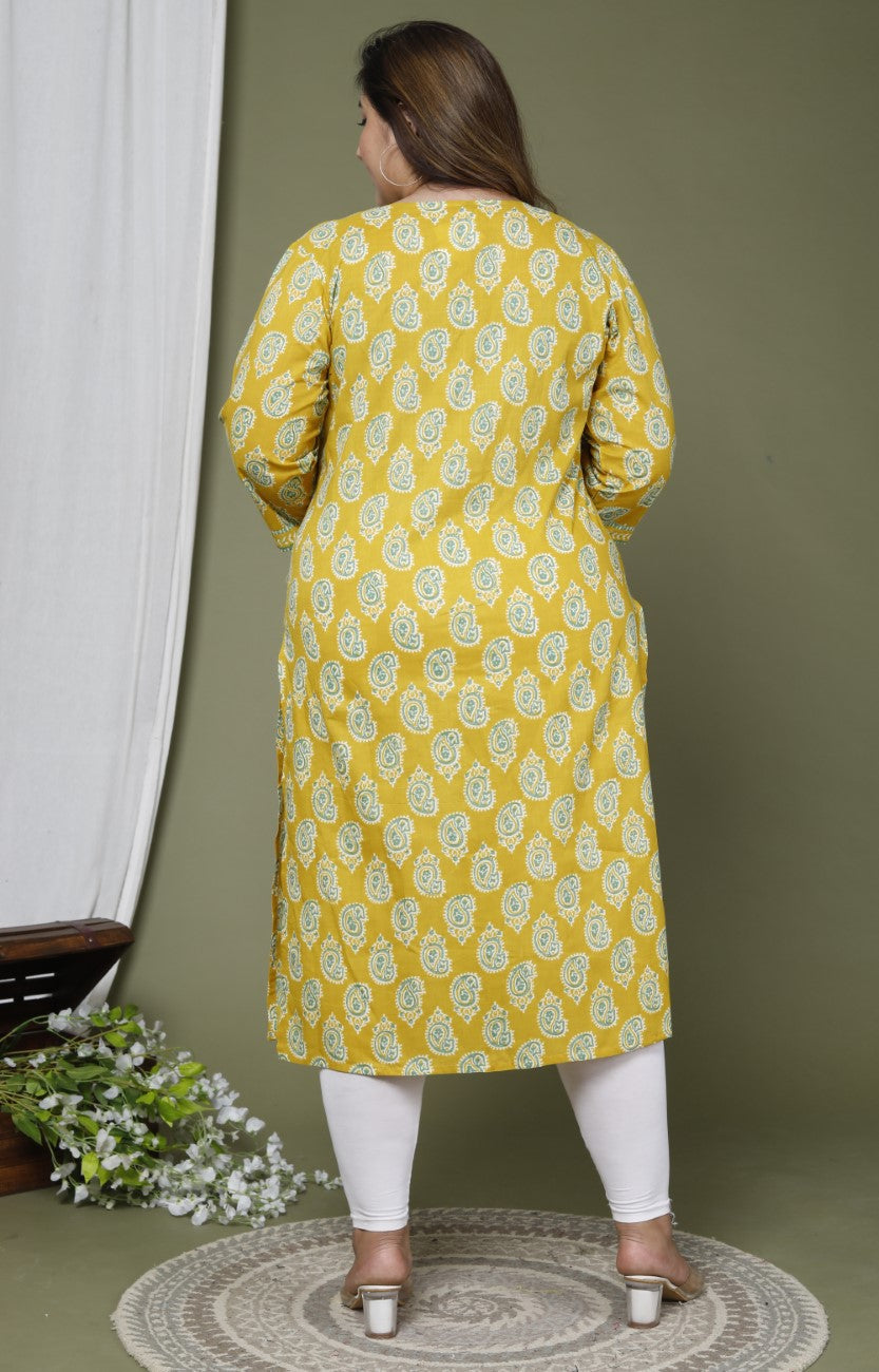 Plus Size Yellow Cotton Floral Print Kurta-659