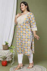 Plus Size Grey Cotton Floral Print Straight Kurta-662