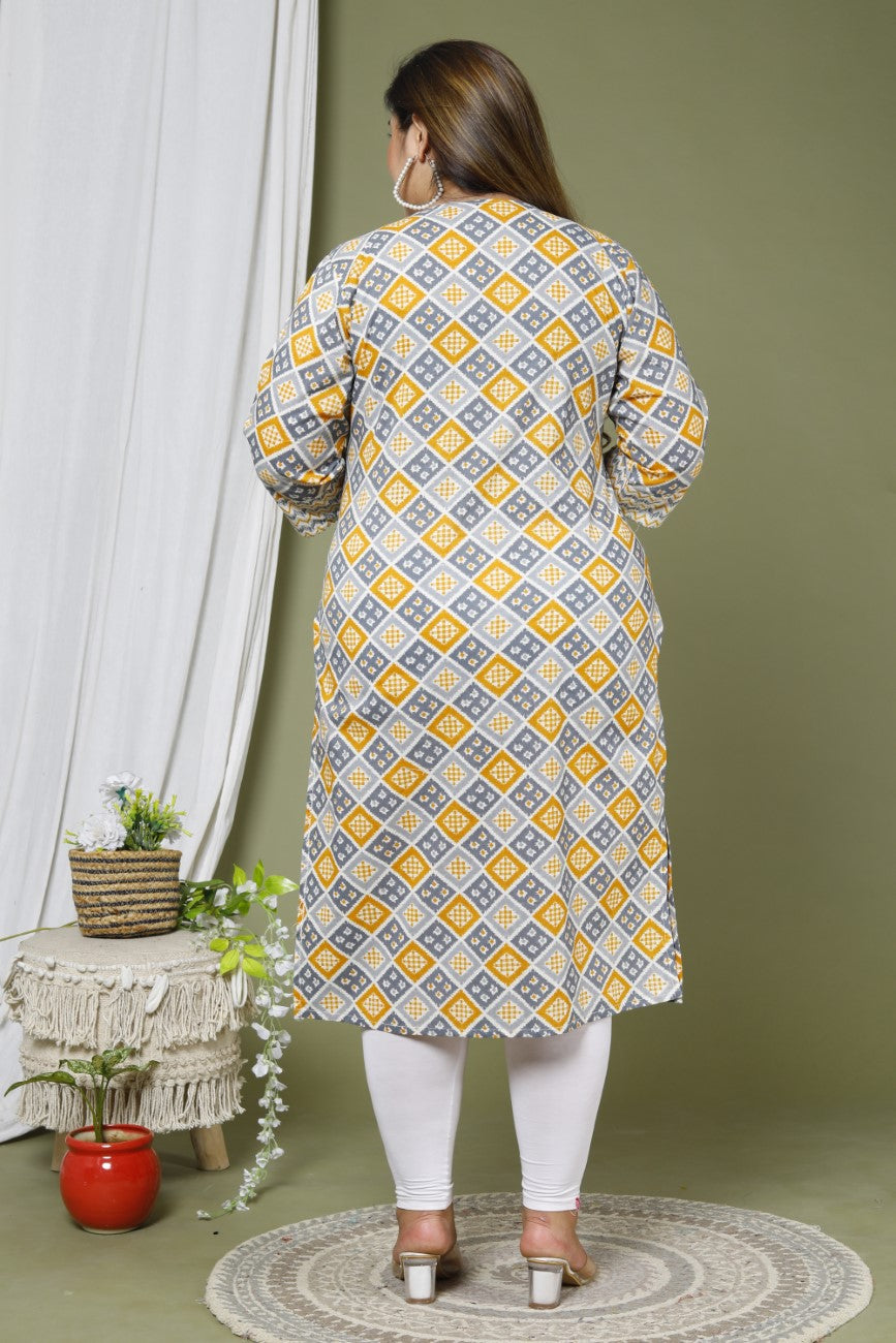 Plus Size Grey Cotton Floral Print Straight Kurta-662