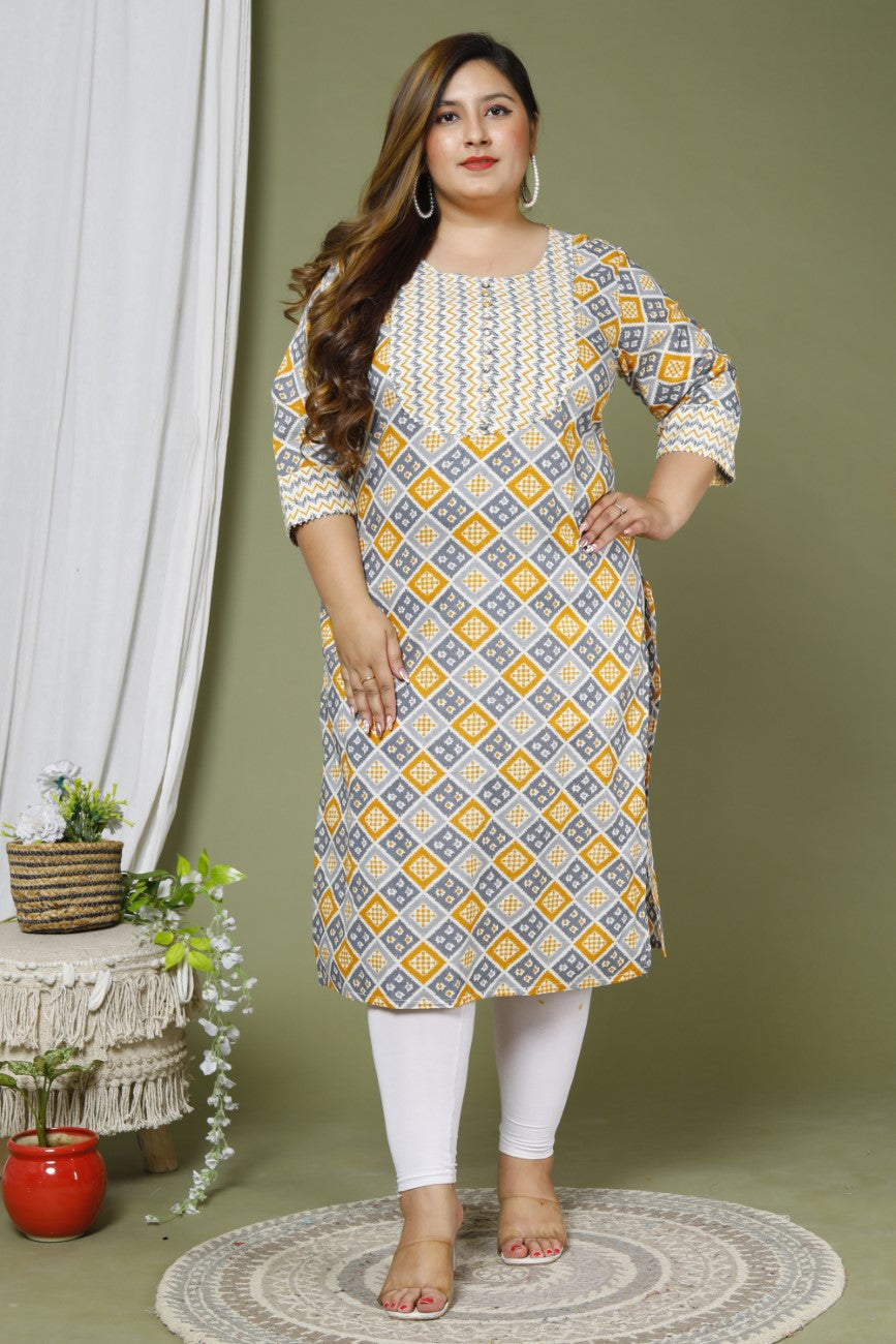 Plus Size Grey Cotton Floral Print Straight Kurta-662 Main image