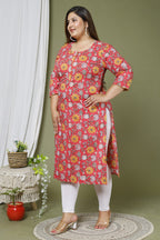 Plus Size Red Cotton Floral Print Straight Kurta-666