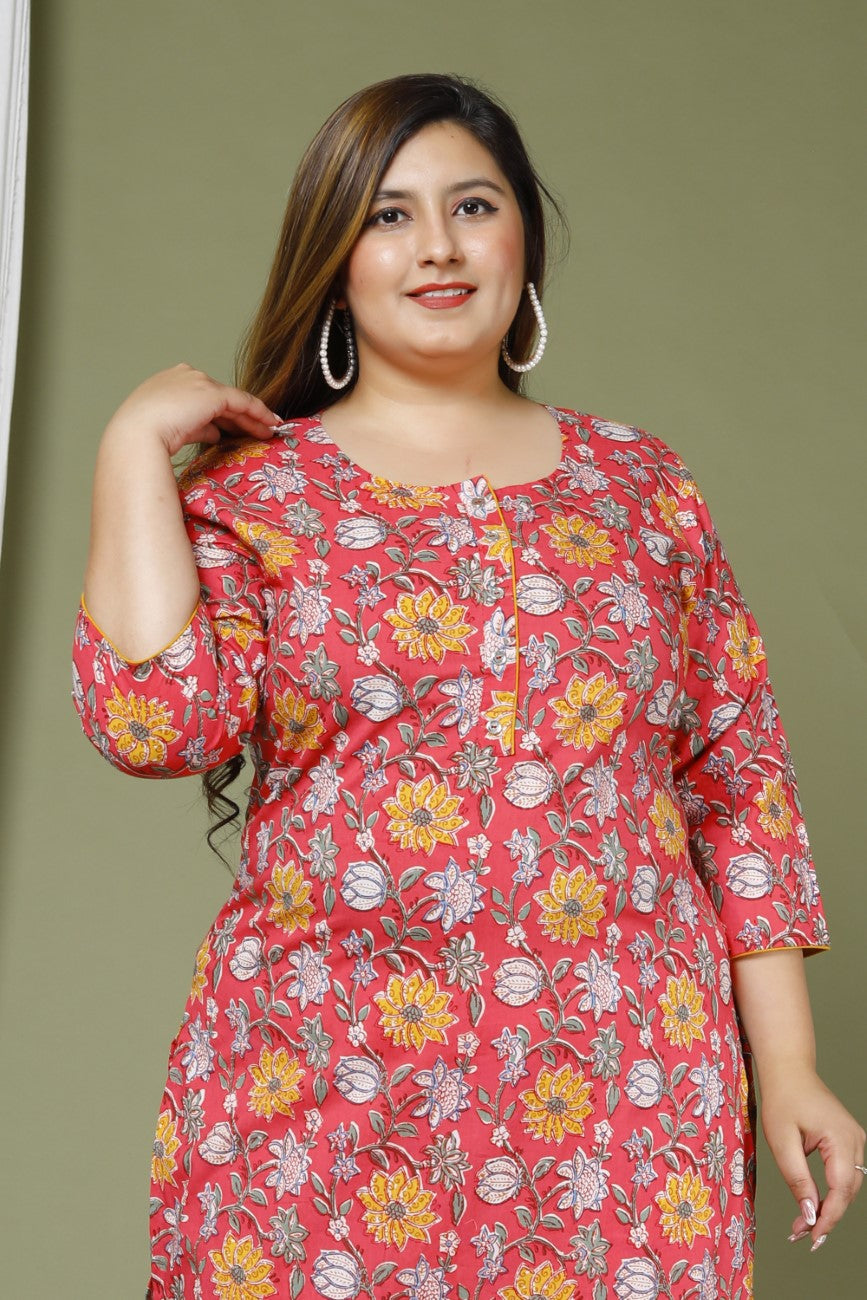 Plus Size Red Cotton Floral Print Straight Kurta-666