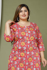 Plus Size Red Cotton Floral Print Straight Kurta-666