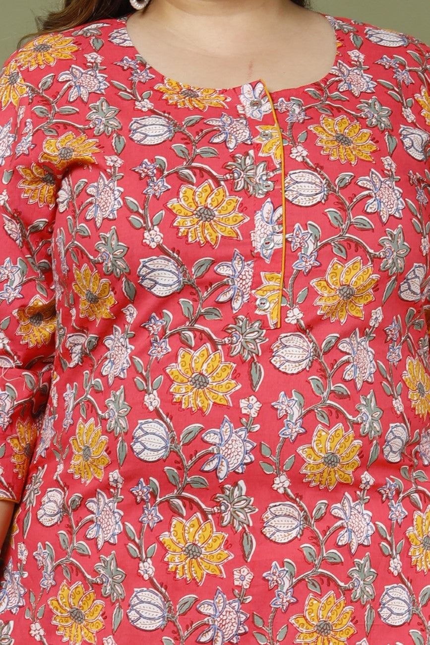 Plus Size Red Cotton Floral Print Straight Kurta-666