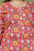 Plus Size Red Cotton Floral Print Straight Kurta-666