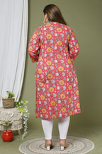 Plus Size Red Cotton Floral Print Straight Kurta-666