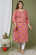 Plus Size Red Cotton Floral Print Straight Kurta-666