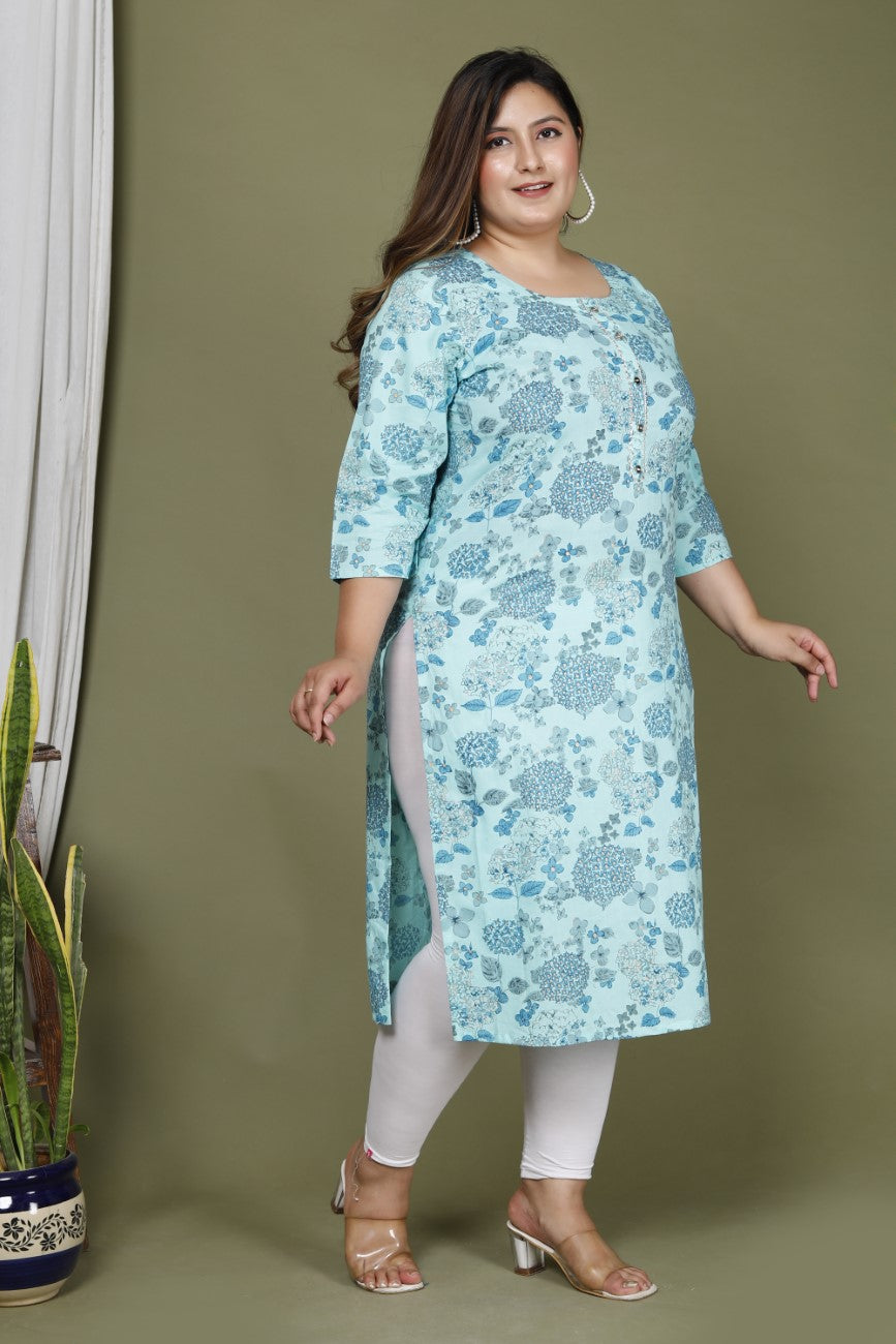 Plus Size Light Blue Cotton Floral Print Straight Kurta-673