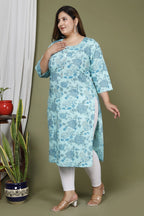 Plus Size Light Blue Cotton Floral Print Straight Kurta-673