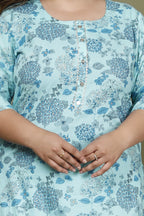 Plus Size Light Blue Cotton Floral Print Straight Kurta-673