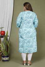 Plus Size Light Blue Cotton Floral Print Straight Kurta-673
