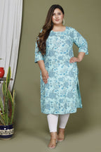 Plus Size Light Blue Cotton Floral Print Straight Kurta-673