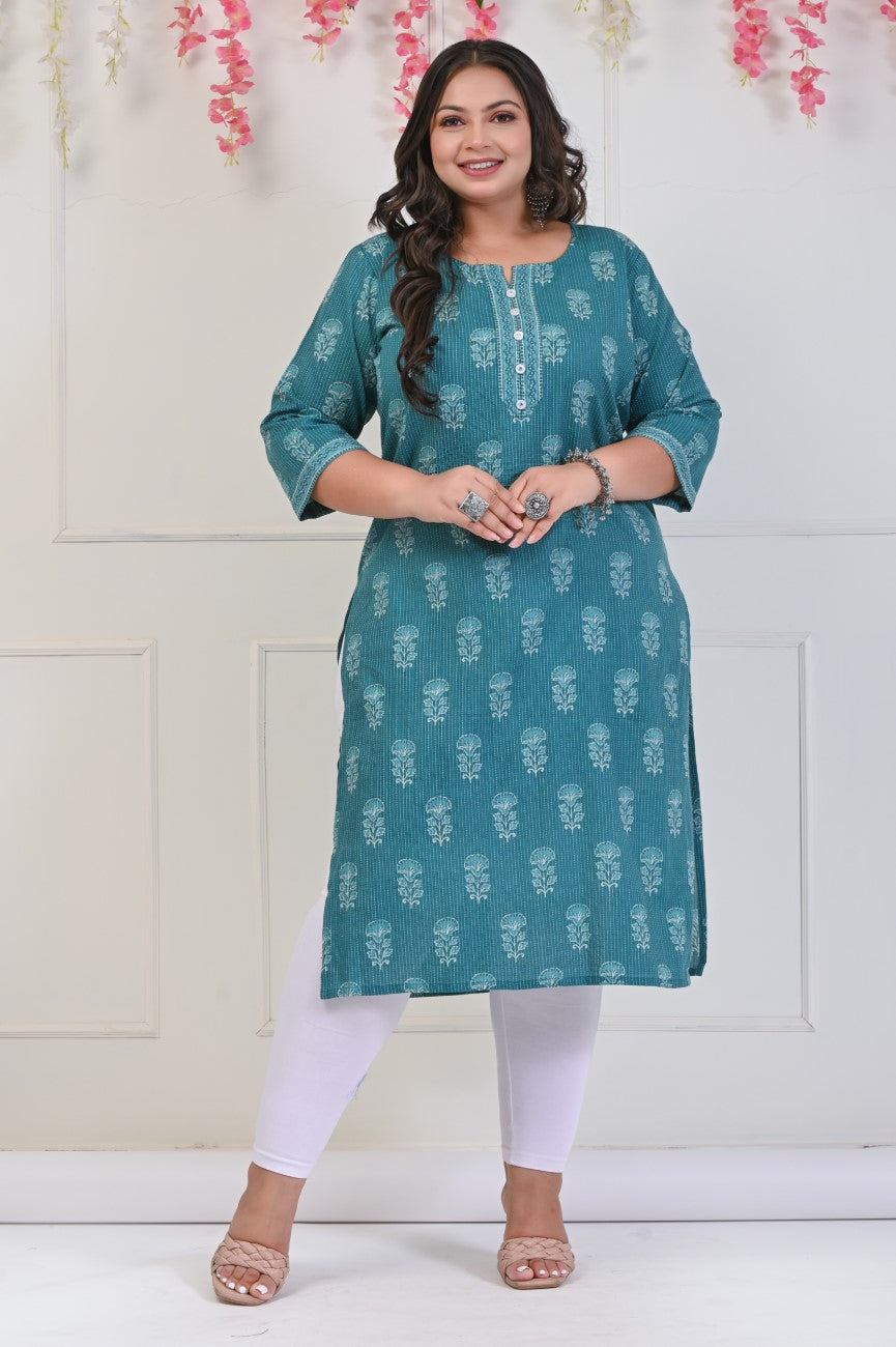 Plus Size Green Cotton Floral Print Straight Kurta-697 Secondary image