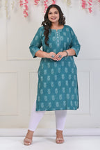 Plus Size Green Cotton Floral Print Straight Kurta-697