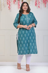 Plus Size Green Cotton Floral Print Straight Kurta-697