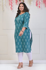 Plus Size Green Cotton Floral Print Straight Kurta-697