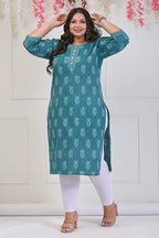 Plus Size Green Cotton Floral Print Straight Kurta-697