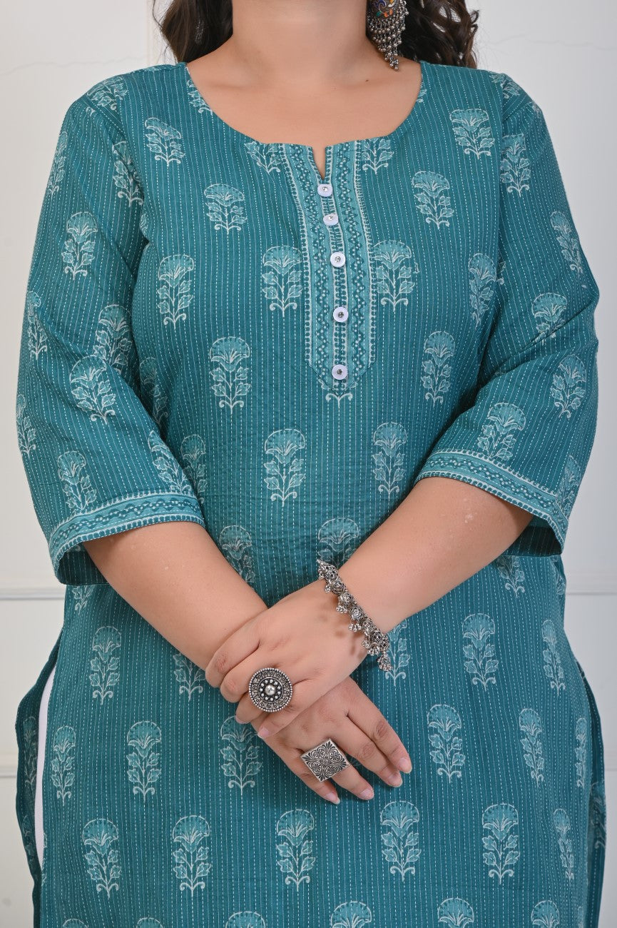 Plus Size Green Cotton Floral Print Straight Kurta-697