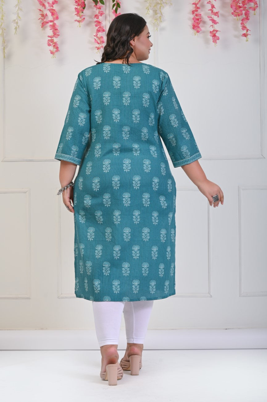Plus Size Green Cotton Floral Print Straight Kurta-697