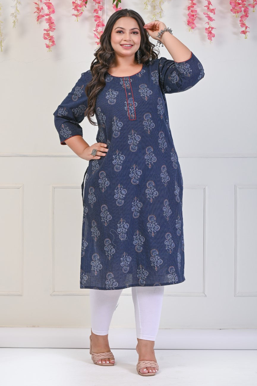 Plus Size Navy Blue Cotton Floral Print Straight Kurta-698