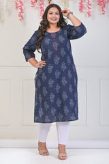 Plus Size Navy Blue Cotton Floral Print Straight Kurta-698